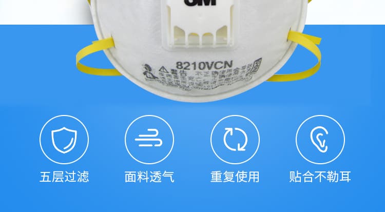 3M 8210VCN 防颗粒物口罩 （头带式、带呼吸阀、适合湿热环境或长时间重体力劳动使用、美国NIOSH N95认证和中国KN95认证）